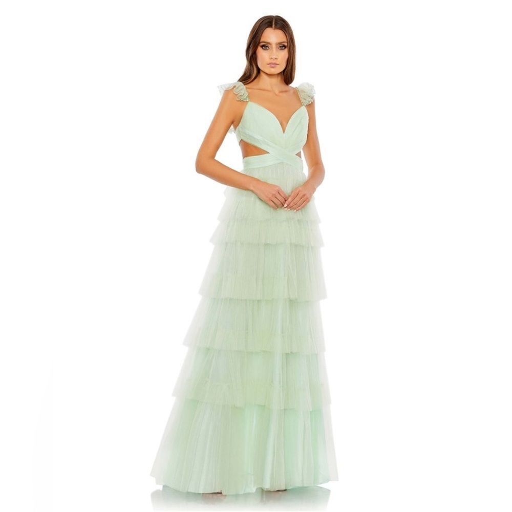 Mac Duggal Tiered Ruffle Cutout Tulle Gown in Mint Size 12 NWT